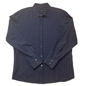 HUGO BOSS Lucas Regular Fit Dress Shirt XL Black Blue Stripe Cotton Button Front